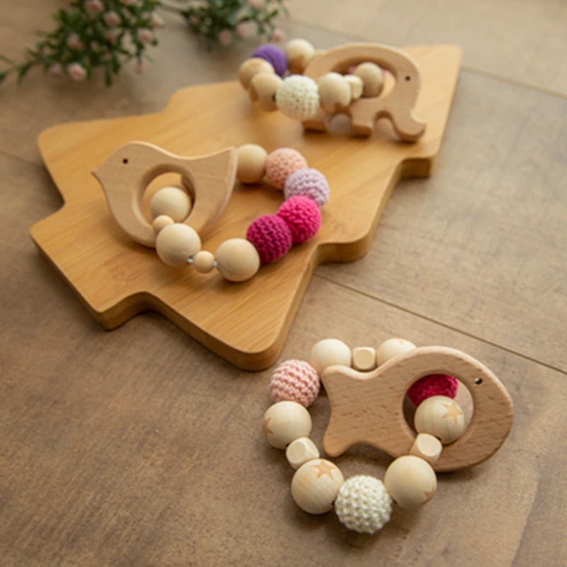 Baby Wooden Teether Beech Animal Wooden Rattle Toy Wood Teething Toys Baby Rattle Beads Bracelets Wooden Toys for children Gift