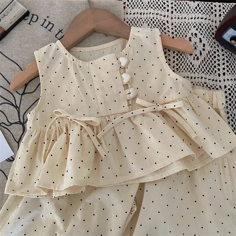 Bear Leader 2024 Summer New Girls' Clothing Polka Dot Love Single Breasted Top+ Pants 2P Set Girls' Clothing Children's Cute Set