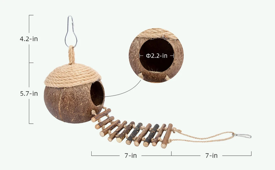 Coconut Birdhouse Hut With Ladder Hemp Rope Roof Natural Material Firm Stable Small Animal Cage Habitat Decoration Pet Supplies