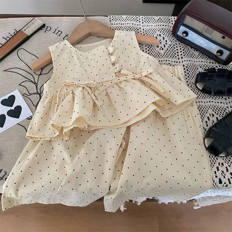 Bear Leader 2024 Summer New Girls' Clothing Polka Dot Love Single Breasted Top+ Pants 2P Set Girls' Clothing Children's Cute Set
