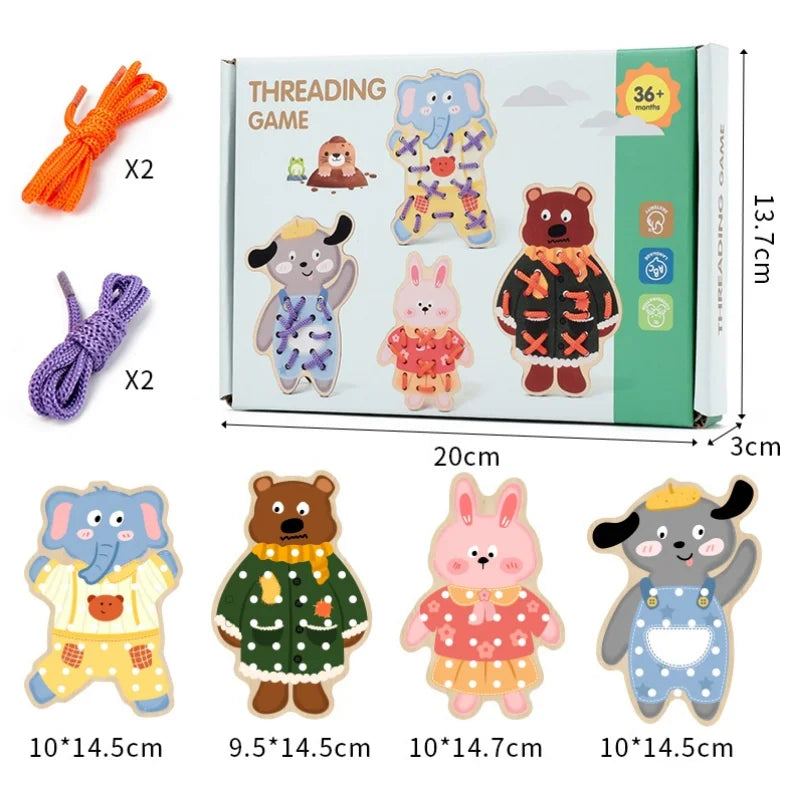 Montessori Wooden Toys Baby Animal Threading Toys Learn Basic Life Skills Teaching Aids Fine Motor Early Educational Toys Gifts