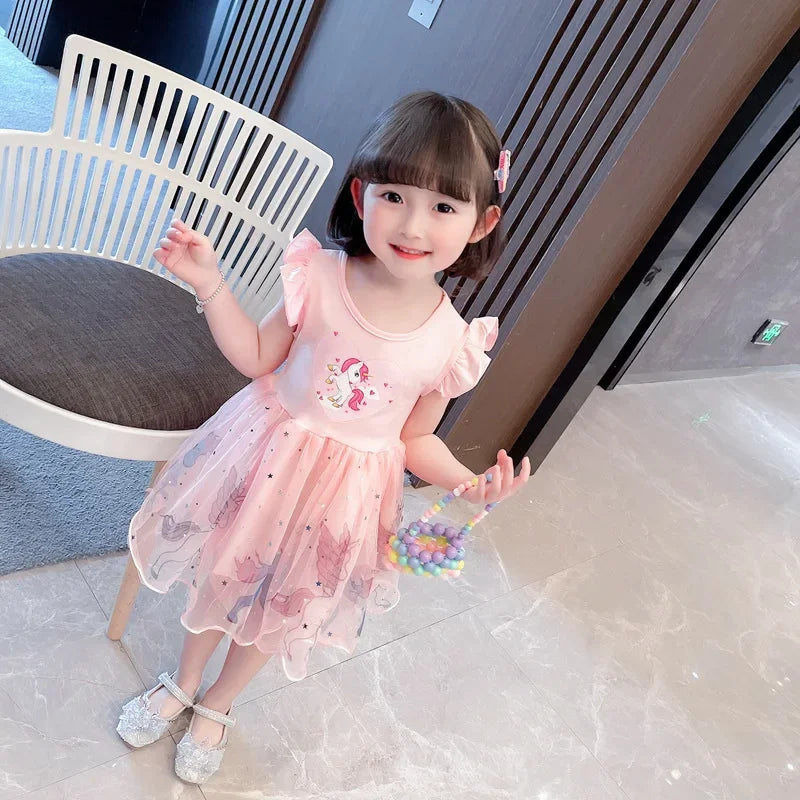 Girls Clothes 2024 New Summer Princess Dresses Flying Sleeve Kids Dress Unicorn Party Baby Dresses for Children Clothing 1-6Y