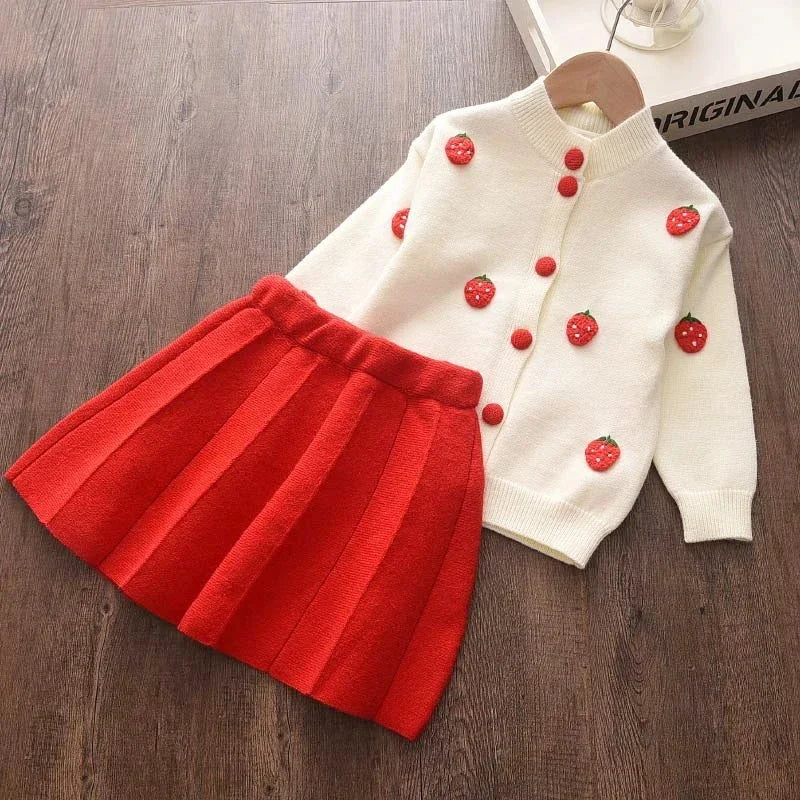 Girls Sweater Set Autumn Children's Jacket Sweater Tops Plaid Pleated Grape Princess Skirt Two-piece Suits Girls Clothing Sets