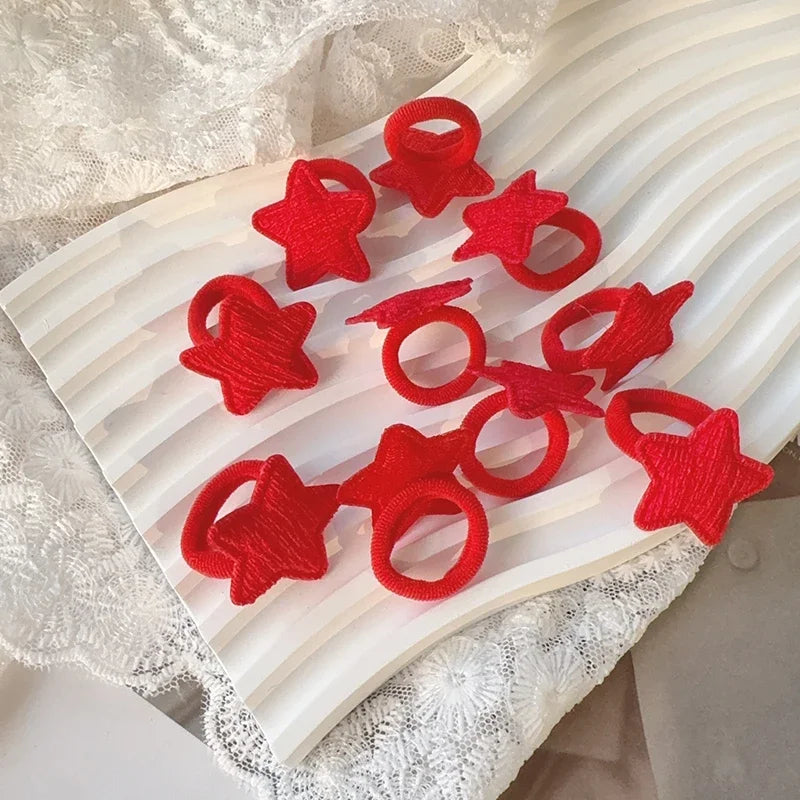 10pcs Red Colors New Year Girls Crown Butterfly Children Hairbands No Harm Cartoon Towel Rope Ponytail Holder Kids Rubber Band