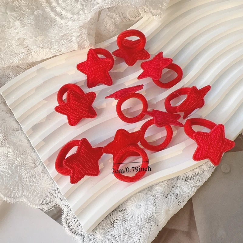 10pcs Red Colors New Year Girls Crown Butterfly Children Hairbands No Harm Cartoon Towel Rope Ponytail Holder Kids Rubber Band