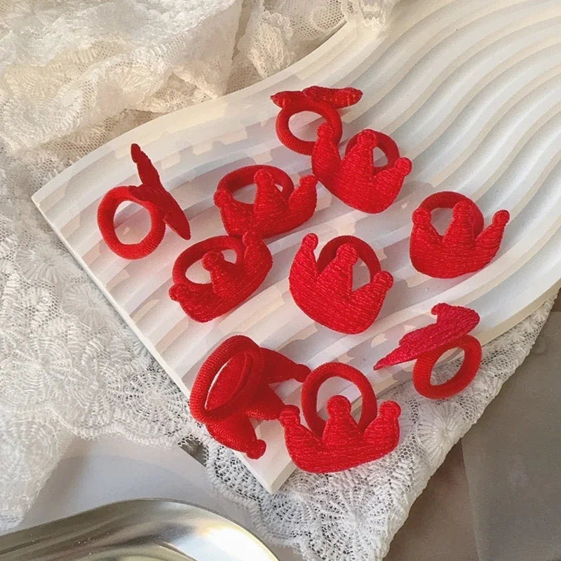10pcs Red Colors New Year Girls Crown Butterfly Children Hairbands No Harm Cartoon Towel Rope Ponytail Holder Kids Rubber Band