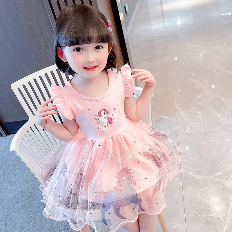 Girls Clothes 2024 New Summer Princess Dresses Flying Sleeve Kids Dress Unicorn Party Baby Dresses for Children Clothing 1-6Y