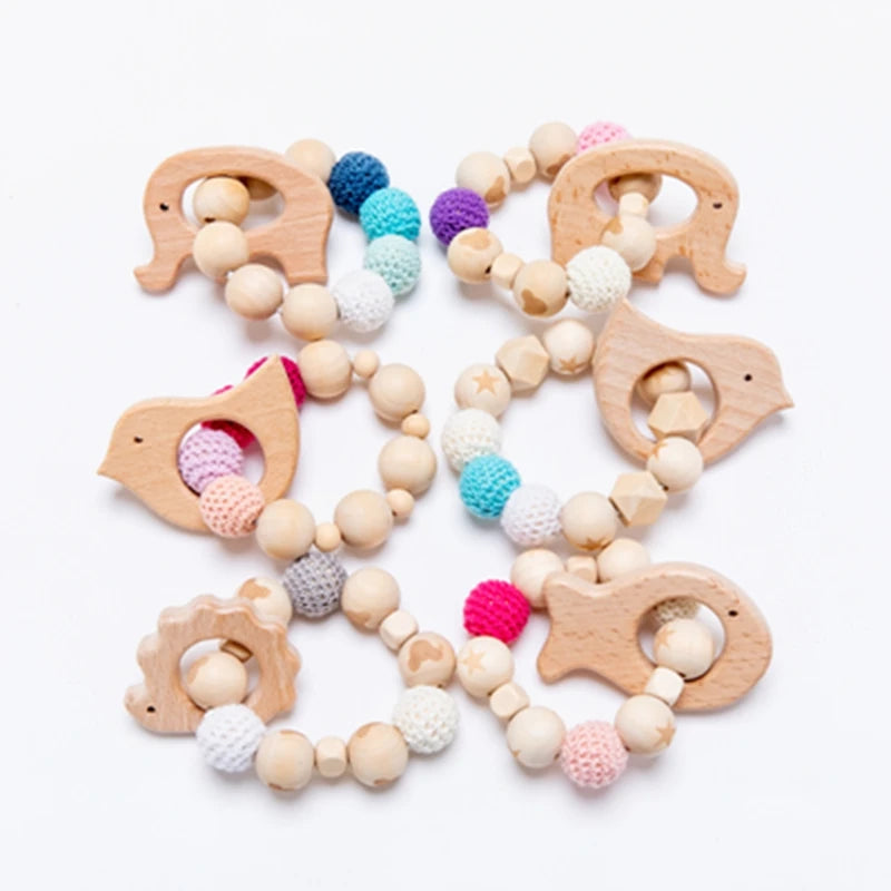 Baby Wooden Teether Beech Animal Wooden Rattle Toy Wood Teething Toys Baby Rattle Beads Bracelets Wooden Toys for children Gift