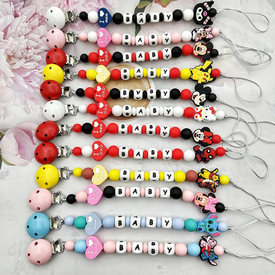 Customized Personalized Name English Letters Baby Silicone Pacifier Clips Chains Holder Teether Pendants Teething Baby Gifts
