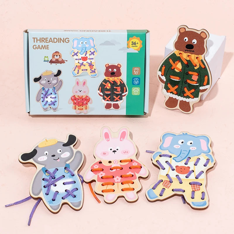 Montessori Wooden Toys Baby Animal Threading Toys Learn Basic Life Skills Teaching Aids Fine Motor Early Educational Toys Gifts