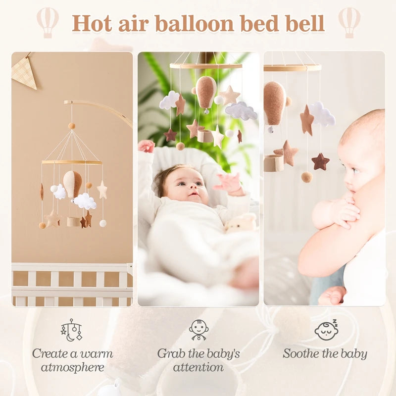 Wooden Rattles Toys Baby Crib Mobile Bed Bell Soft Felt Hot Balloon Newborn Music Bed Bell Hanging Toys Crib Bracket Baby Gifts
