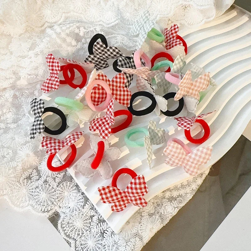 10pcs Red Colors New Year Girls Crown Butterfly Children Hairbands No Harm Cartoon Towel Rope Ponytail Holder Kids Rubber Band