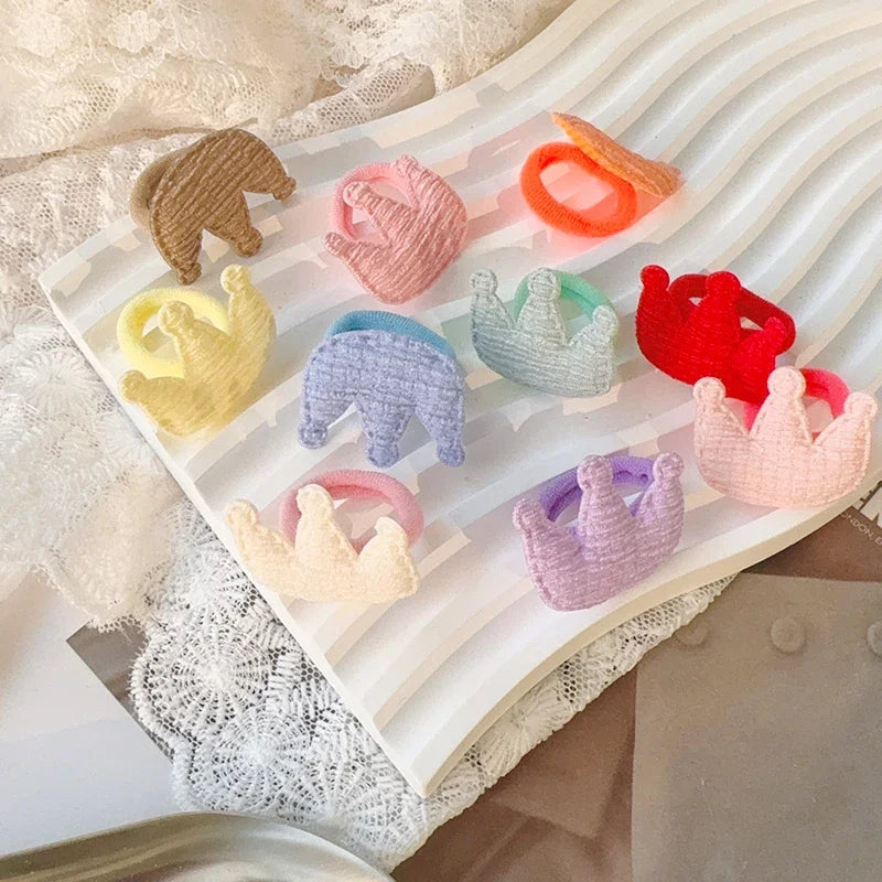 10pcs Red Colors New Year Girls Crown Butterfly Children Hairbands No Harm Cartoon Towel Rope Ponytail Holder Kids Rubber Band