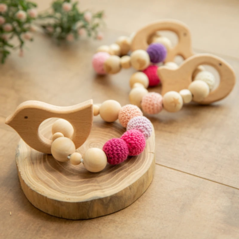 Baby Wooden Teether Beech Animal Wooden Rattle Toy Wood Teething Toys Baby Rattle Beads Bracelets Wooden Toys for children Gift