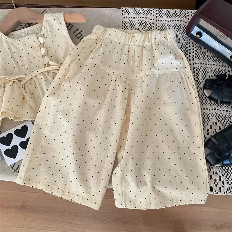 Bear Leader 2024 Summer New Girls' Clothing Polka Dot Love Single Breasted Top+ Pants 2P Set Girls' Clothing Children's Cute Set