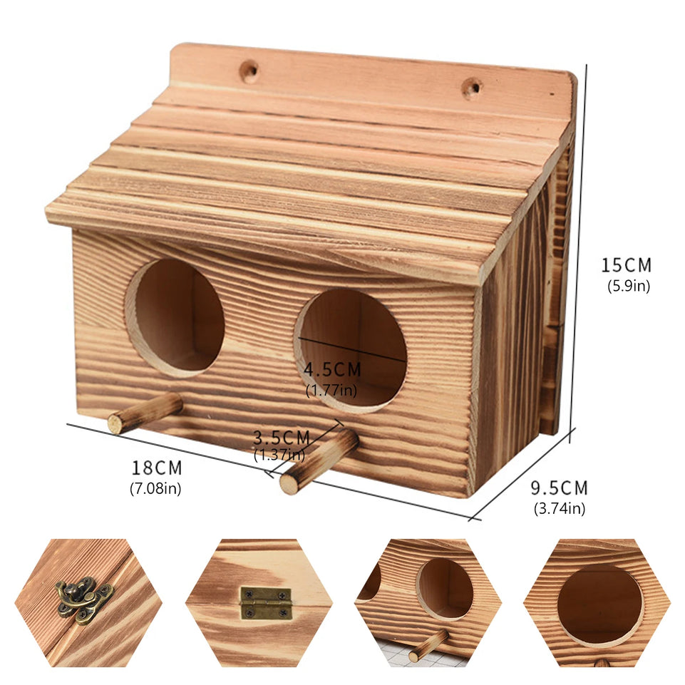 Parrot Cage Wooden Bird House with 2 Holes Creative Hanging Birdhouse Garden Bird NestRoom Handmade Outdoor Bird Nesting Decor