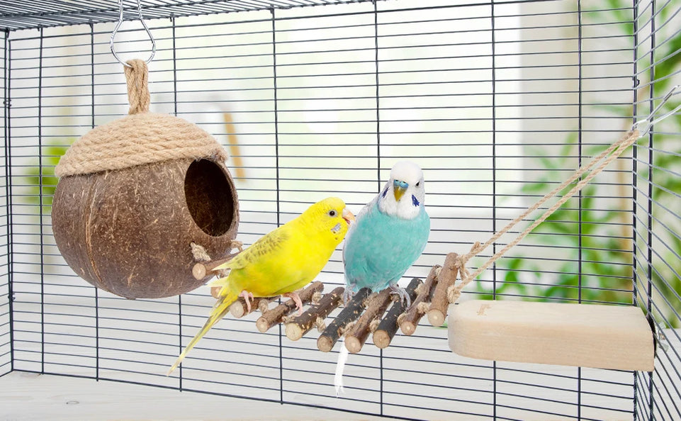 Coconut Birdhouse Hut With Ladder Hemp Rope Roof Natural Material Firm Stable Small Animal Cage Habitat Decoration Pet Supplies