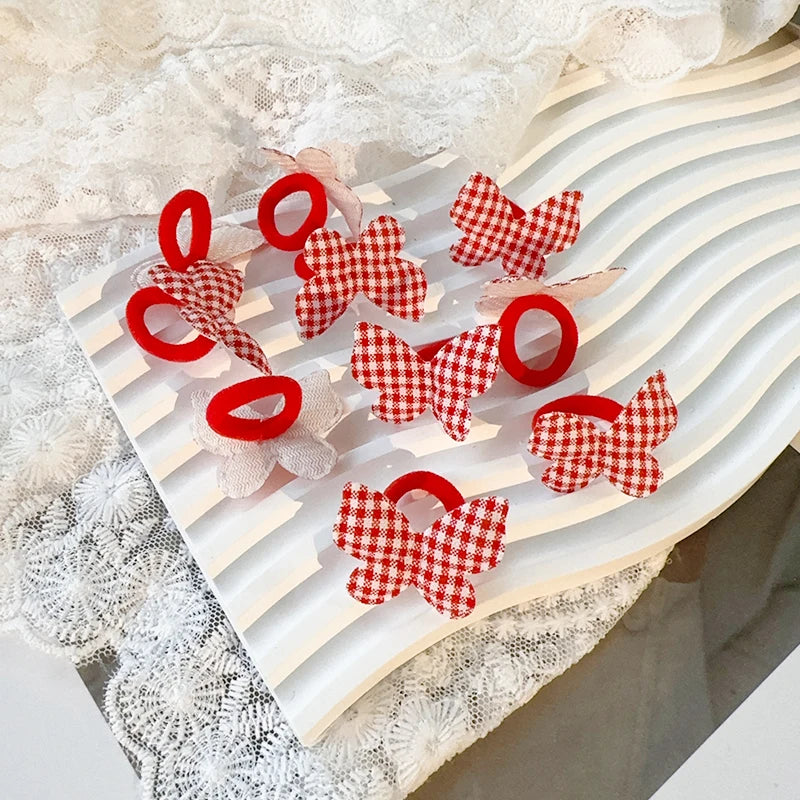 10pcs Red Colors New Year Girls Crown Butterfly Children Hairbands No Harm Cartoon Towel Rope Ponytail Holder Kids Rubber Band