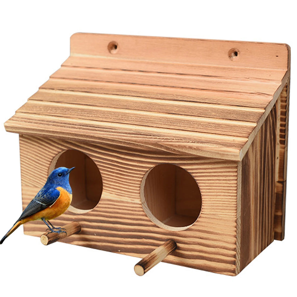 Parrot Cage Wooden Bird House with 2 Holes Creative Hanging Birdhouse Garden Bird NestRoom Handmade Outdoor Bird Nesting Decor