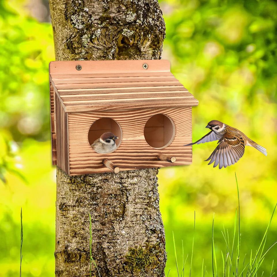 Parrot Cage Wooden Bird House with 2 Holes Creative Hanging Birdhouse Garden Bird NestRoom Handmade Outdoor Bird Nesting Decor