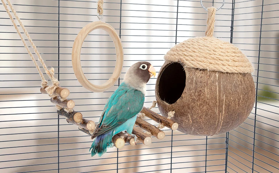 Coconut Birdhouse Hut With Ladder Hemp Rope Roof Natural Material Firm Stable Small Animal Cage Habitat Decoration Pet Supplies