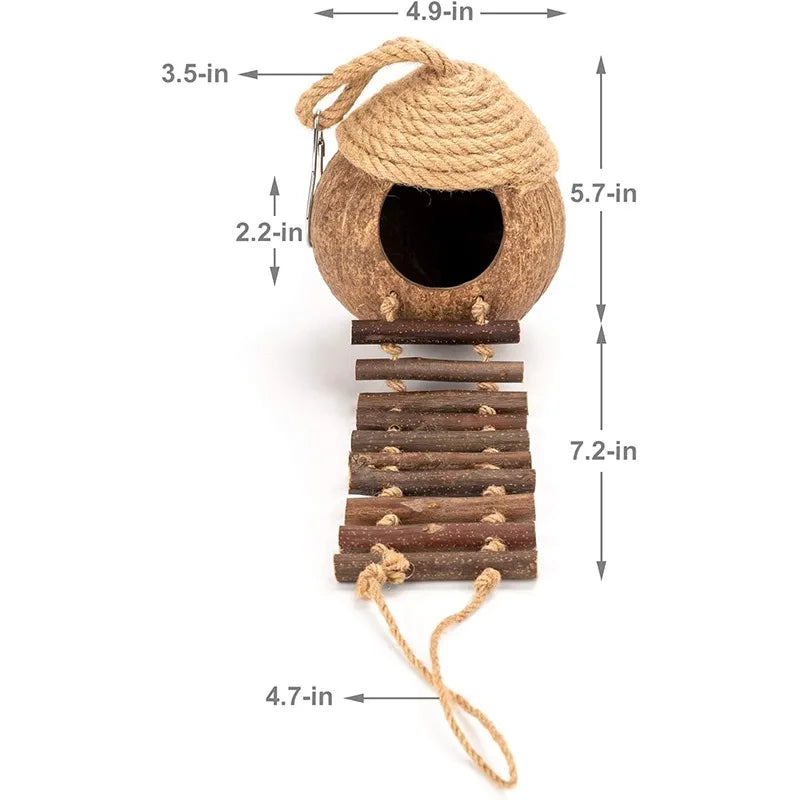 Coconut Birdhouse Hut With Ladder Hemp Rope Roof Natural Material Firm Stable Small Animal Cage Habitat Decoration Pet Supplies