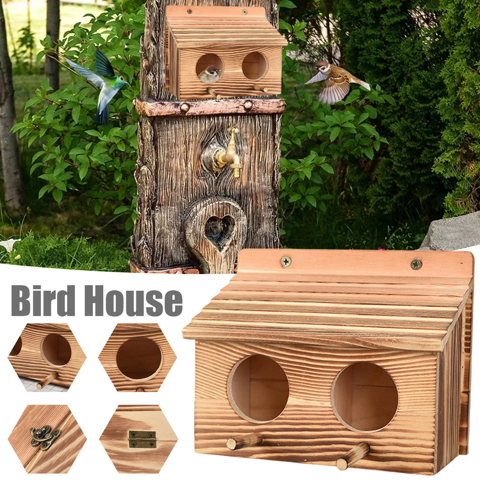 Parrot Cage Wooden Bird House with 2 Holes Creative Hanging Birdhouse Garden Bird NestRoom Handmade Outdoor Bird Nesting Decor