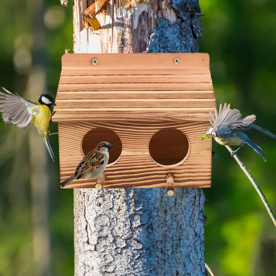 Parrot Cage Wooden Bird House with 2 Holes Creative Hanging Birdhouse Garden Bird NestRoom Handmade Outdoor Bird Nesting Decor