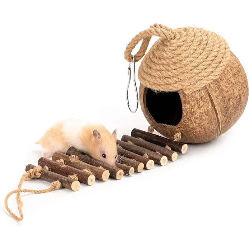 Coconut Birdhouse Hut With Ladder Hemp Rope Roof Natural Material Firm Stable Small Animal Cage Habitat Decoration Pet Supplies