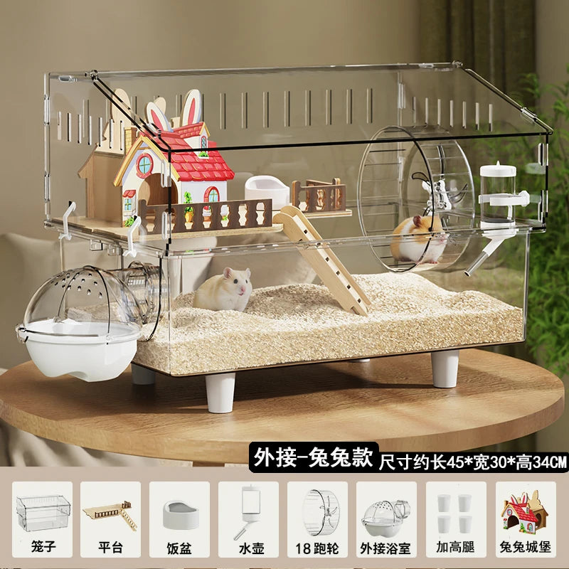 Hamster Cage, Oversized Luxury Villa, Acrylic Transparent Box, Golden Bear, Large Space, Special Anti-prison Break Big House