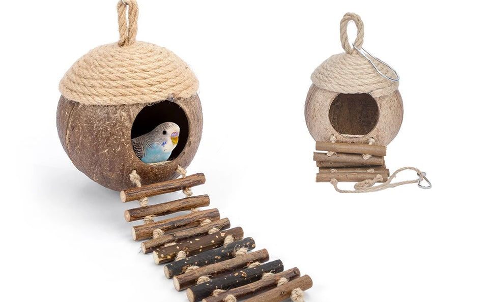 Coconut Birdhouse Hut With Ladder Hemp Rope Roof Natural Material Firm Stable Small Animal Cage Habitat Decoration Pet Supplies