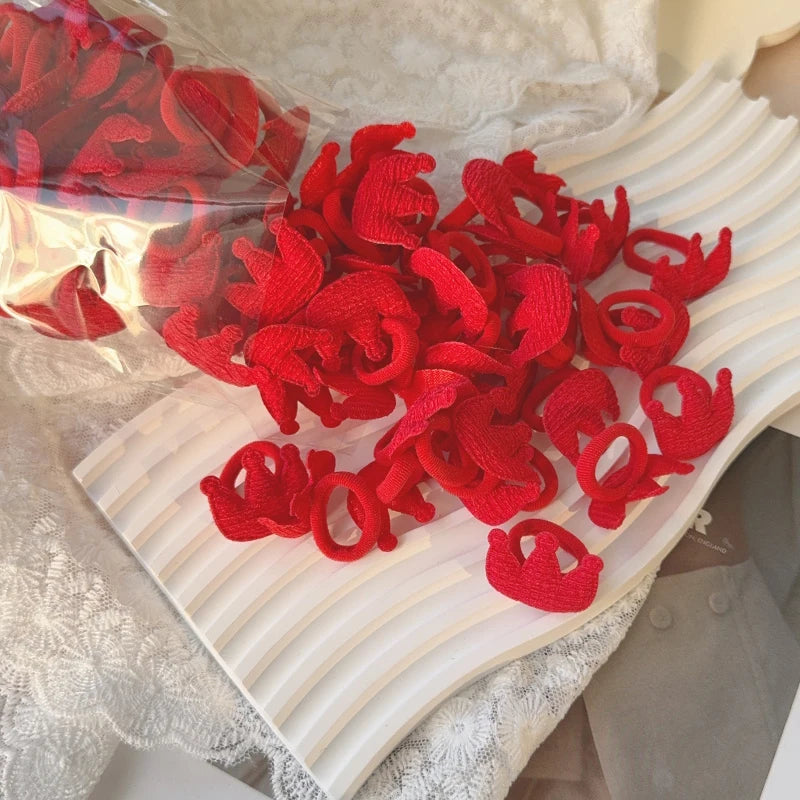 10pcs Red Colors New Year Girls Crown Butterfly Children Hairbands No Harm Cartoon Towel Rope Ponytail Holder Kids Rubber Band