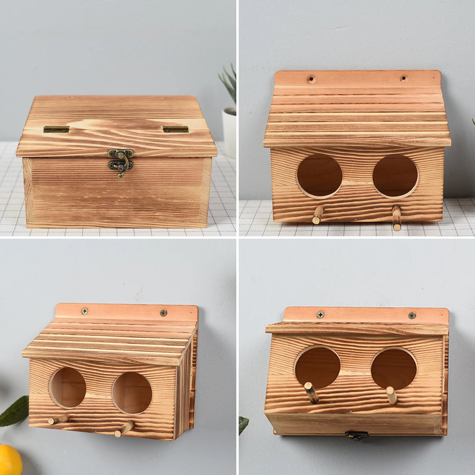 Parrot Cage Wooden Bird House with 2 Holes Creative Hanging Birdhouse Garden Bird NestRoom Handmade Outdoor Bird Nesting Decor
